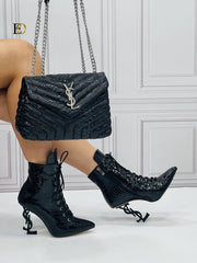 YSL logo heeled boots bag set