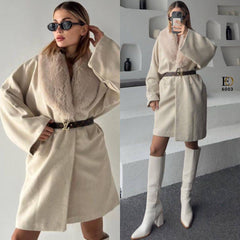 LV Fabric: 1st Class Fur-Trimmed Belted Coat (Belt Included)
