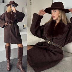 LV Fabric: 1st Class Fur-Trimmed Belted Coat (Belt Included)