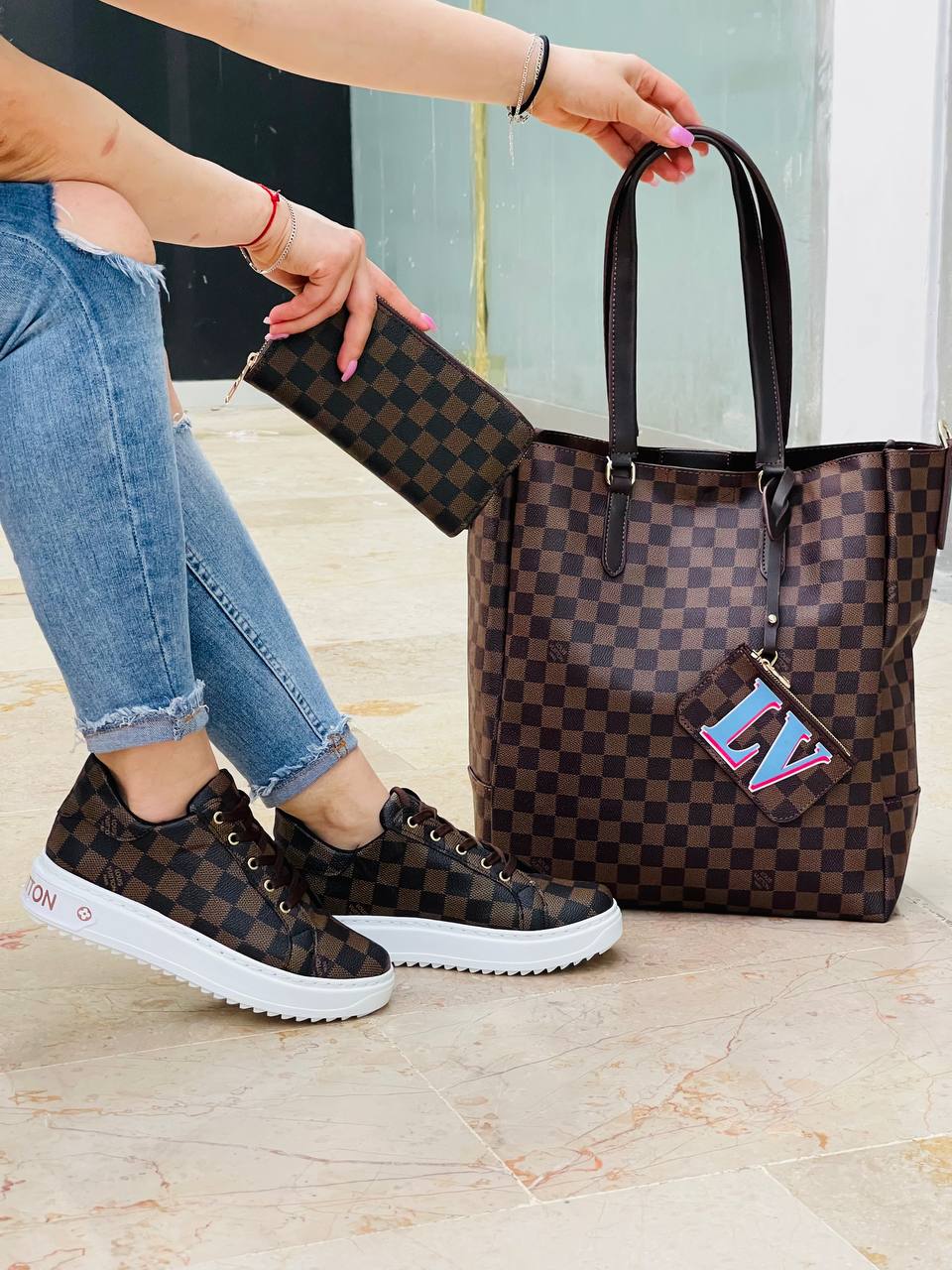 LV patterned white sole sneakers set