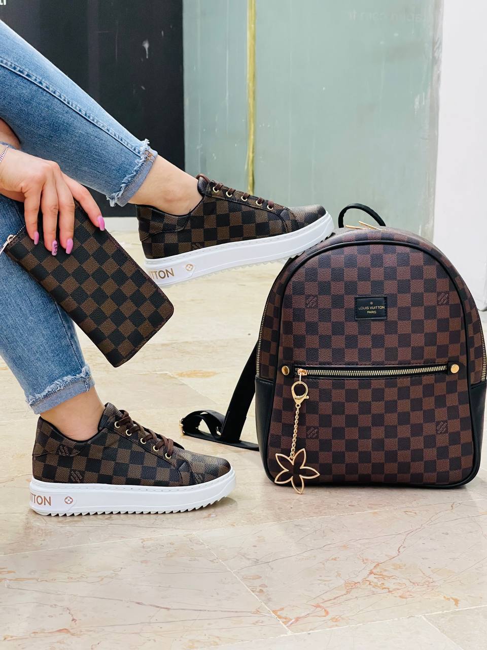 LV patterned white sole sneakers set