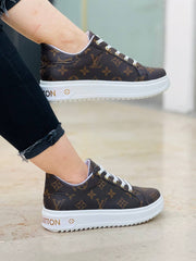 LV patterned white sole sneakers