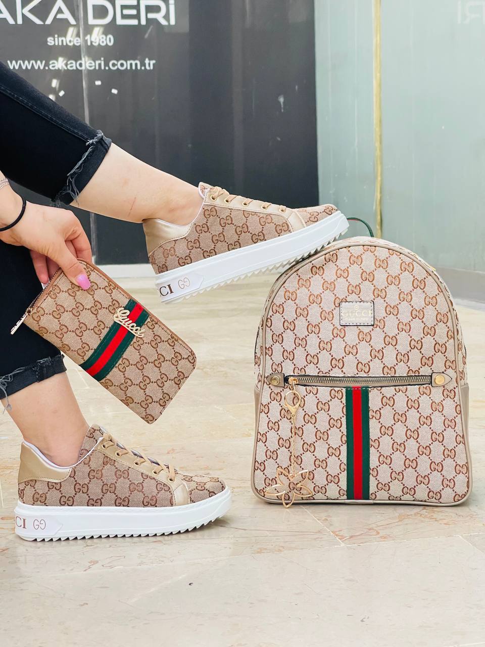 GG patterned white sole sneaker bag set