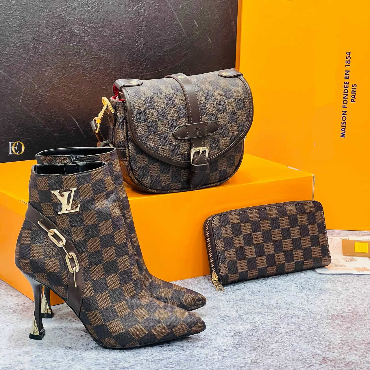 LV pointed heel boots set