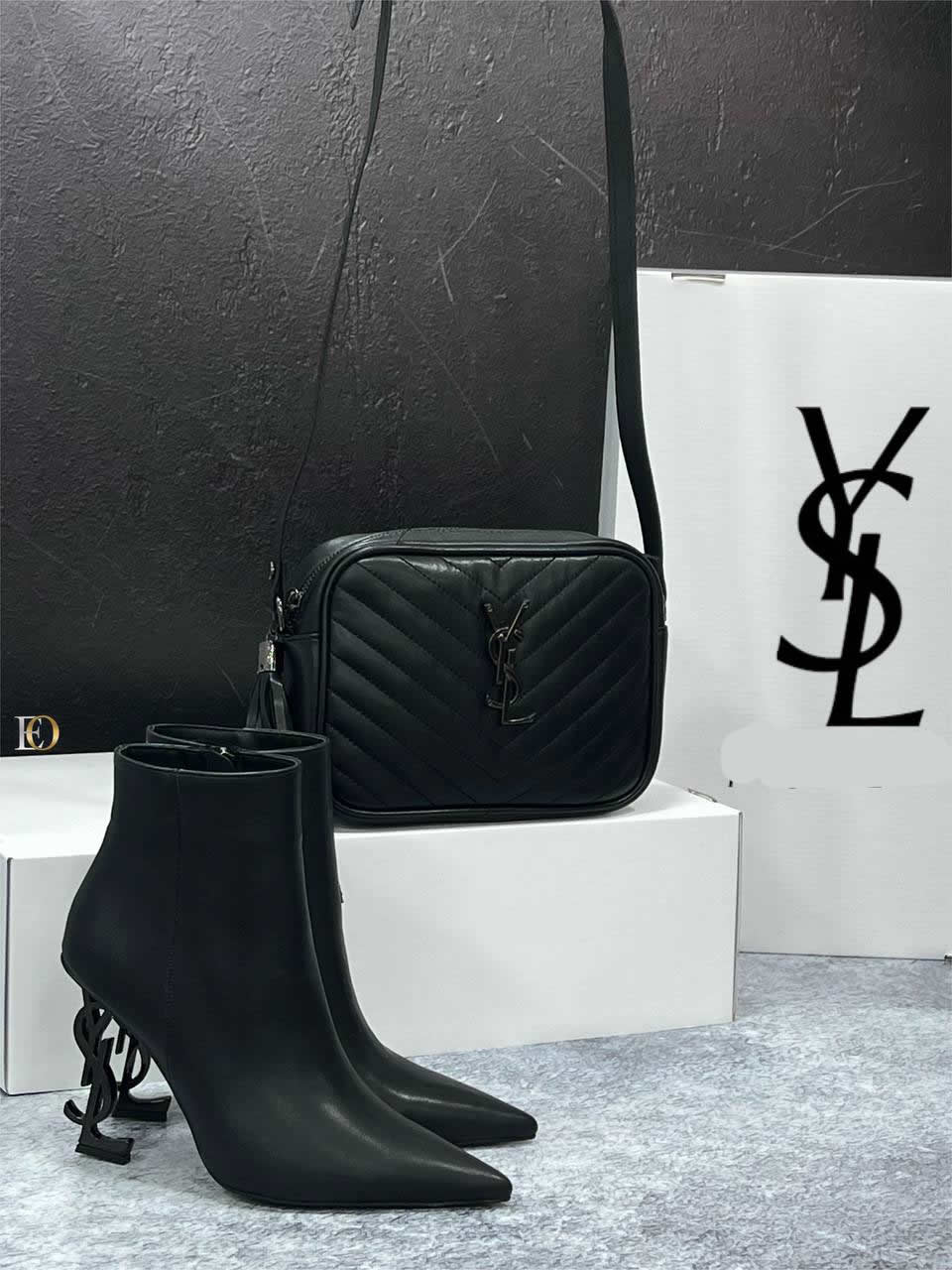 ysl heeled boots bag set