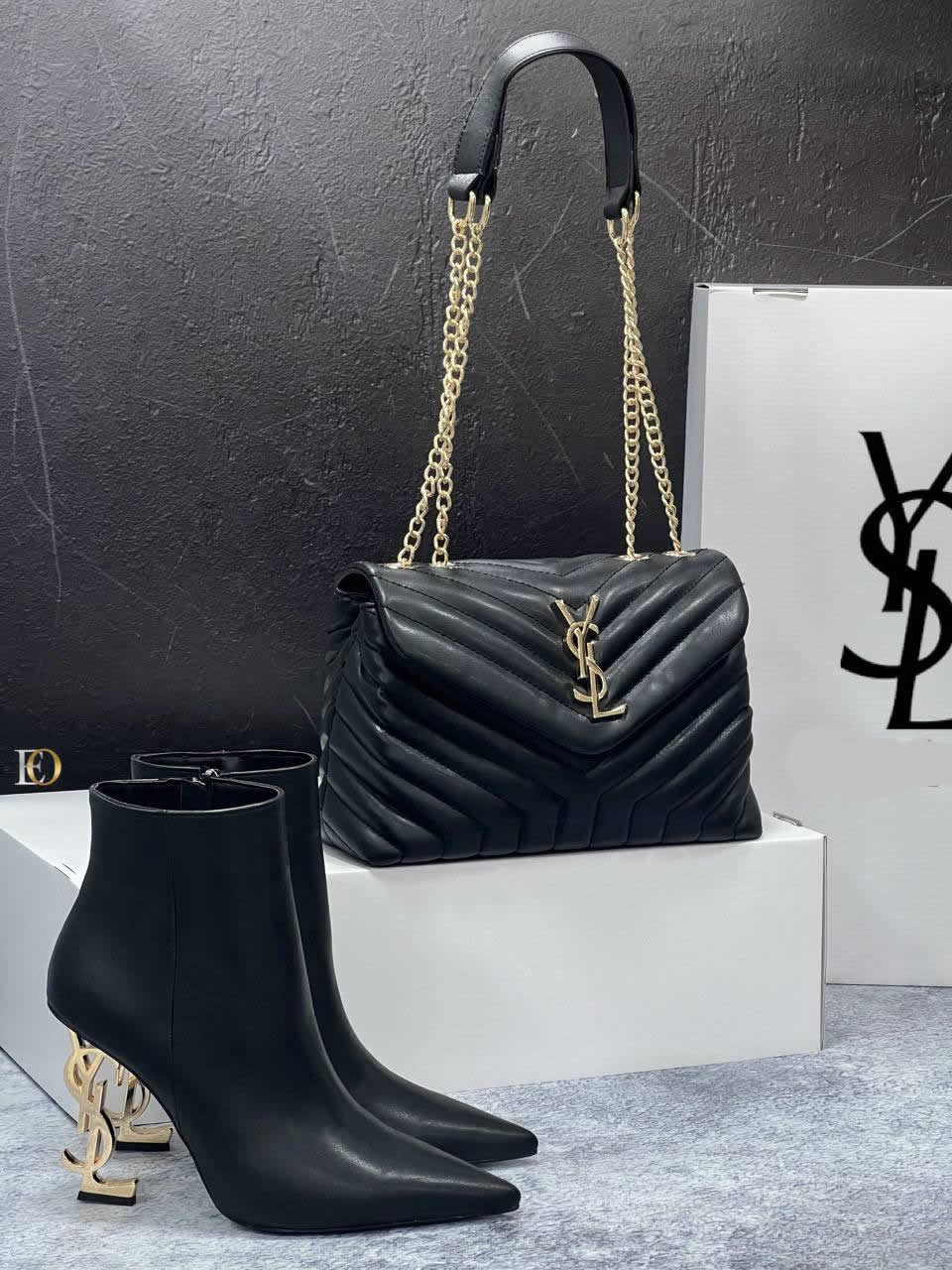 ysl heeled boots bag set