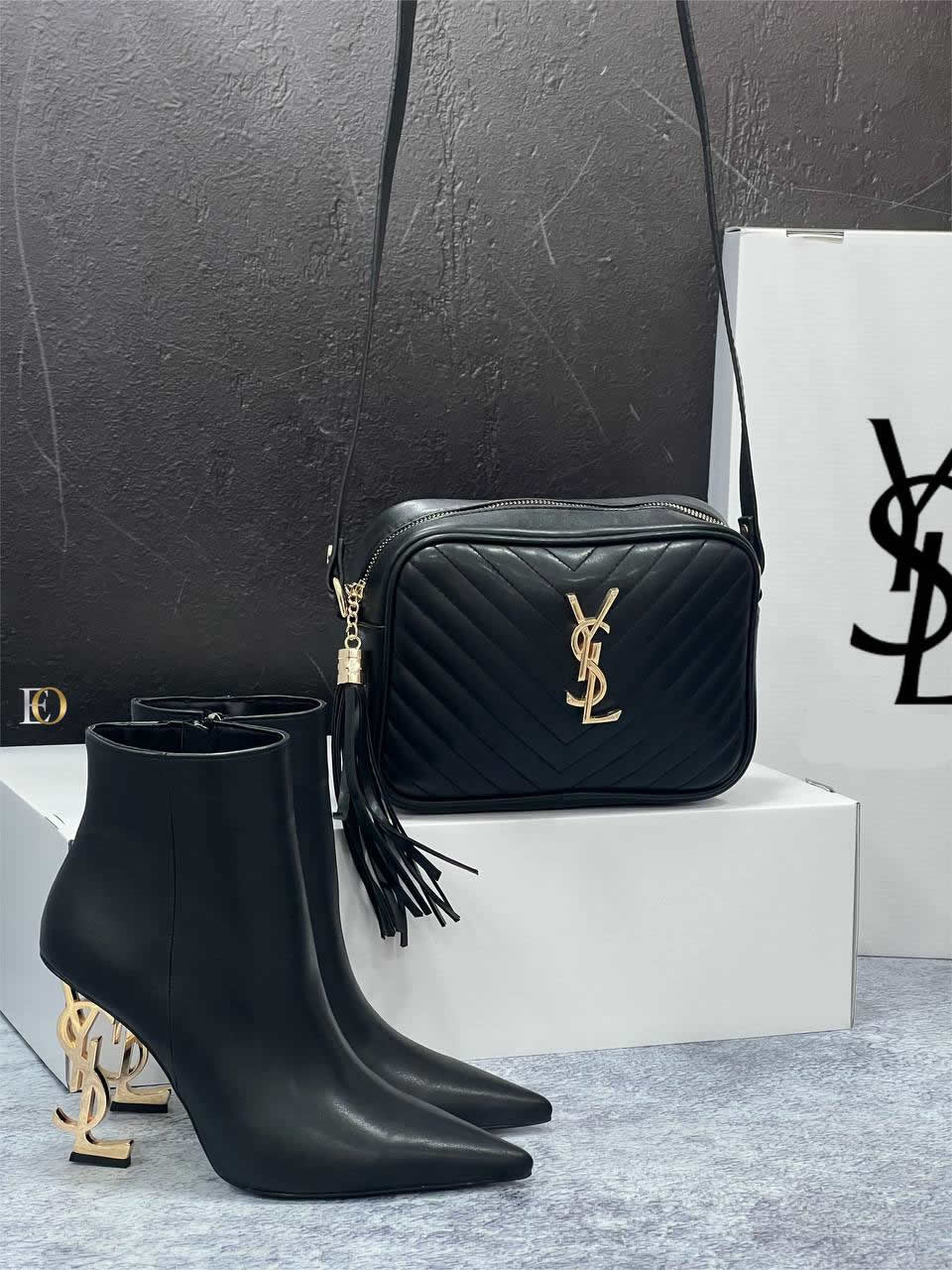 ysl heeled boots bag set