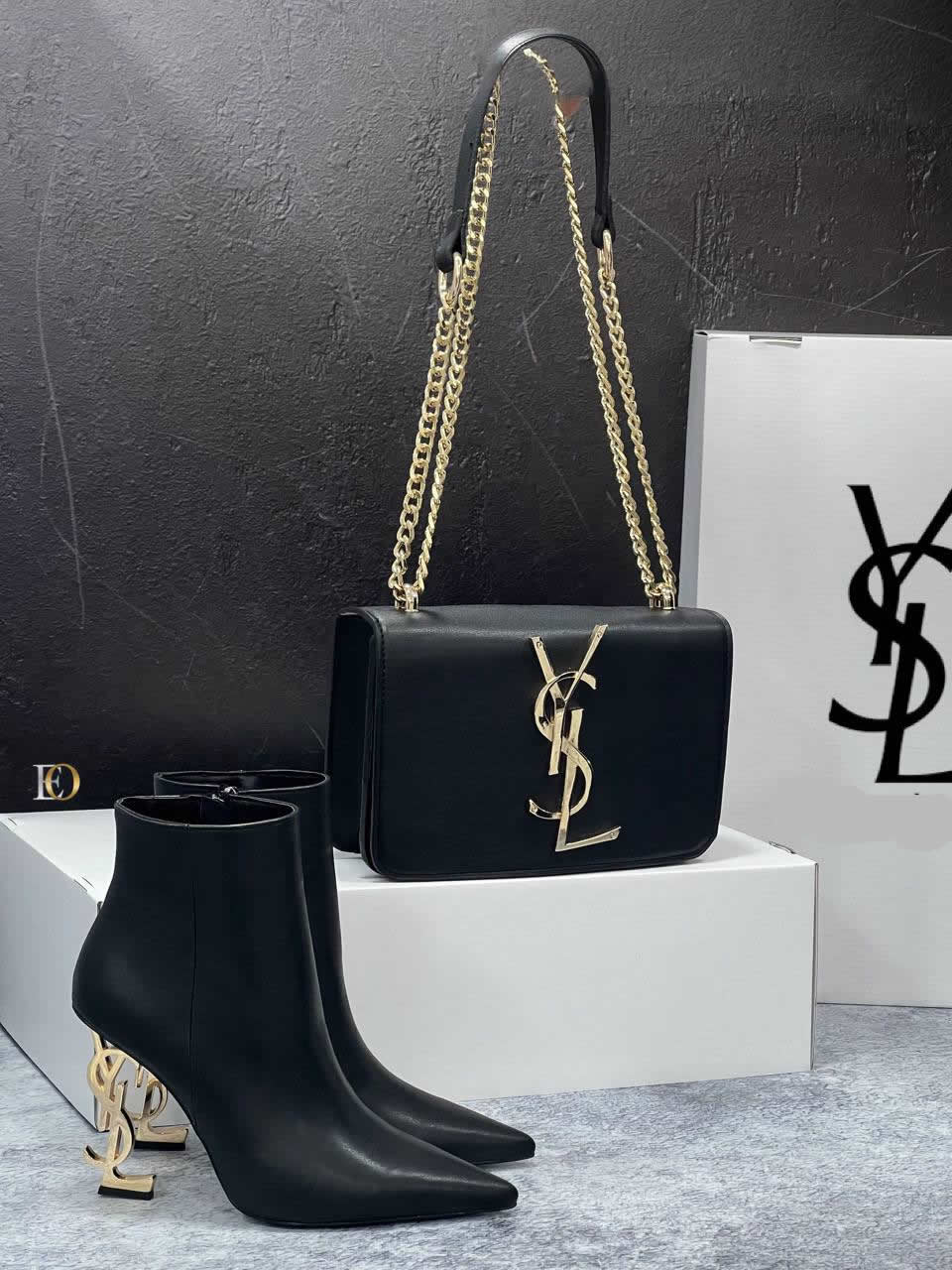 ysl heeled boots bag set