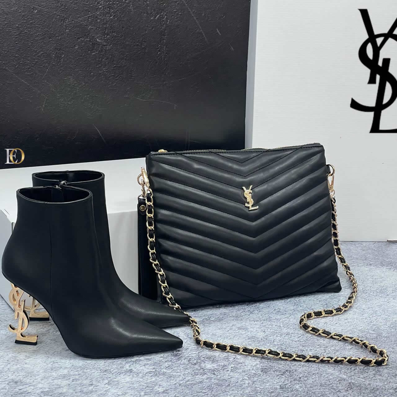 ysl heeled boots bag set