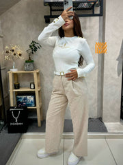 Flocked trousers & knit blouse