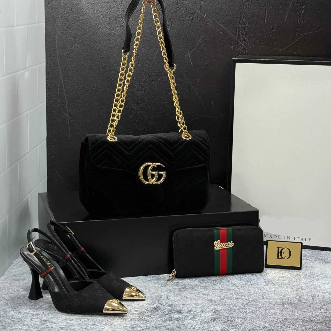 GG patterned high heels shoes bag set