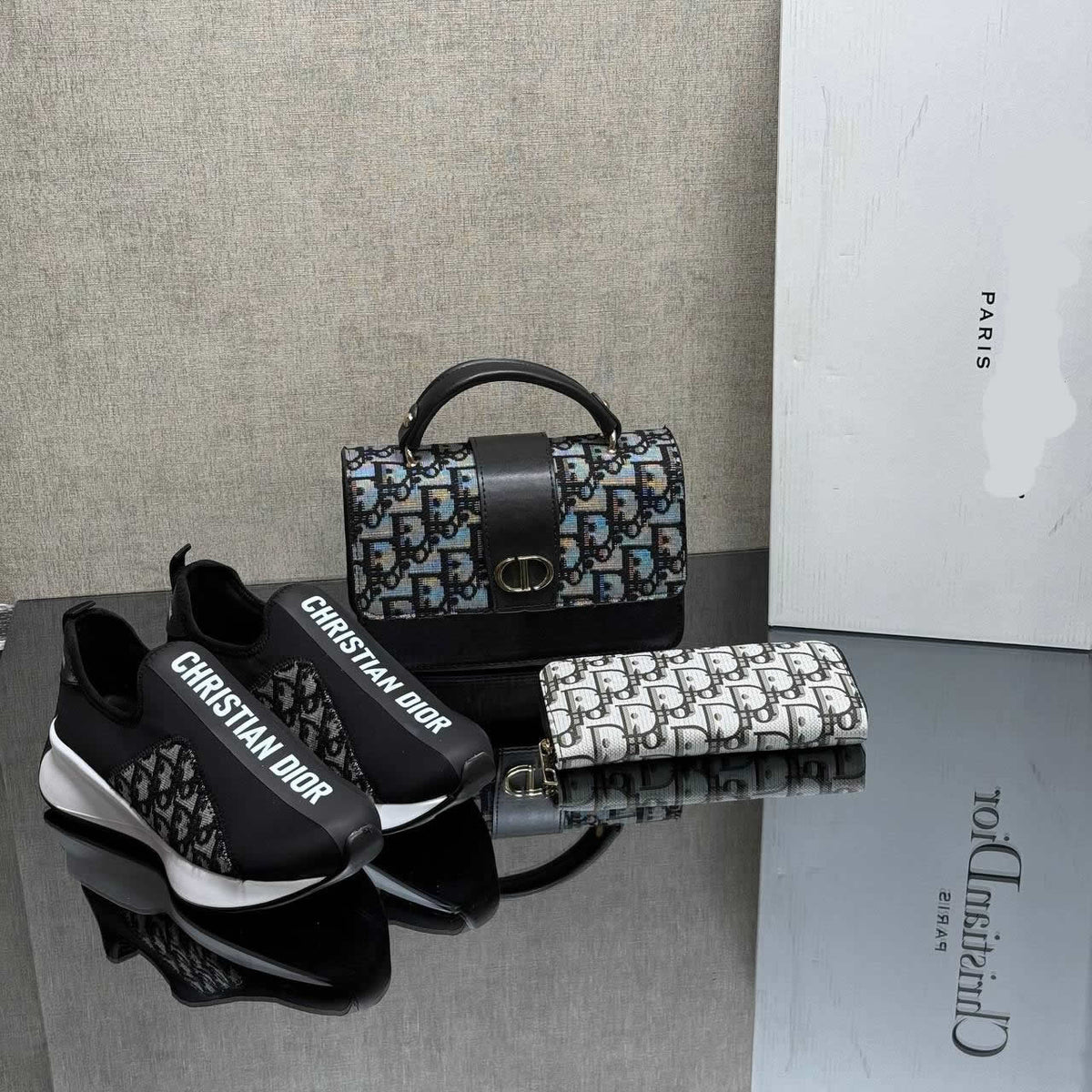 shoe and bag set with CD written on it