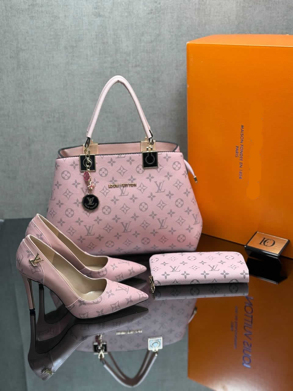 LV patterned heels shoes bag sets
