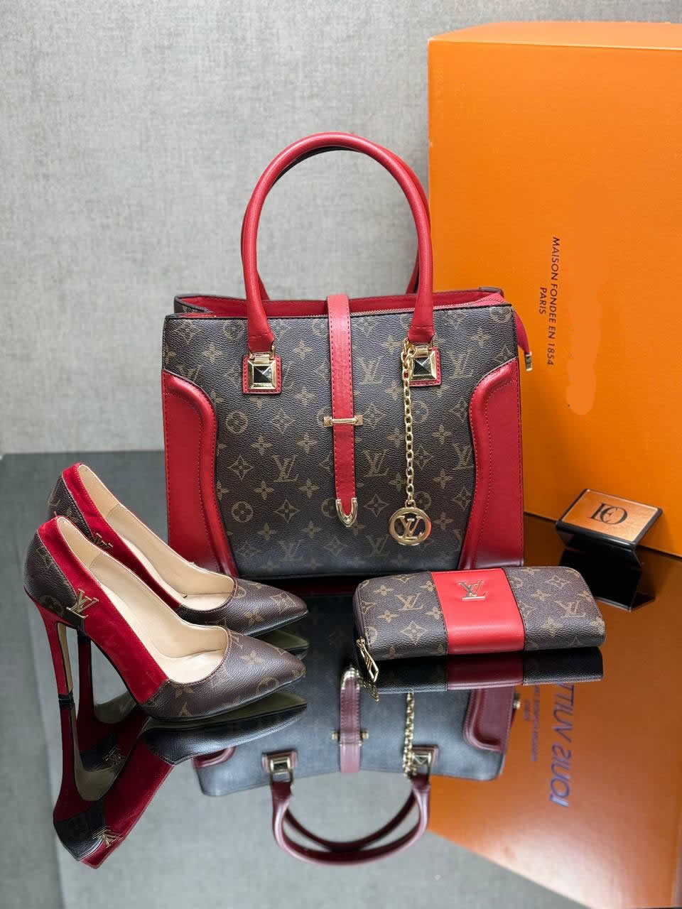 LV patterned heels shoes bag sets