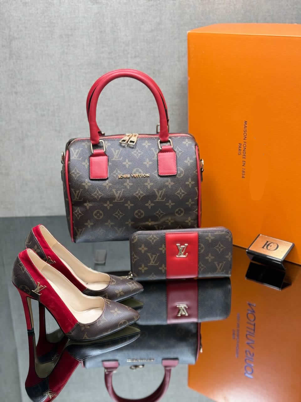 LV patterned heels shoes bag sets