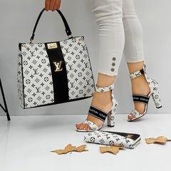 white LV heeled shoes set