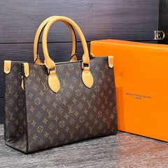 Bag model with large LV logo on it