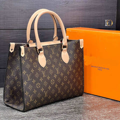 Bag model with large LV logo on it