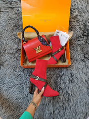 Suede detailed heeled shoes and bag set