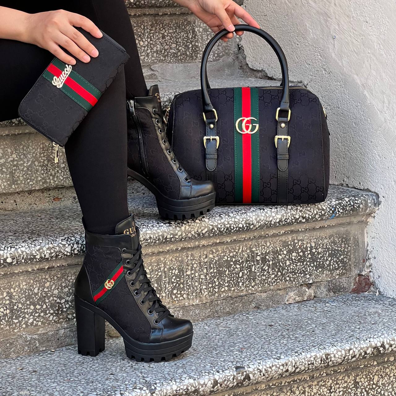 GG black heeled boots set