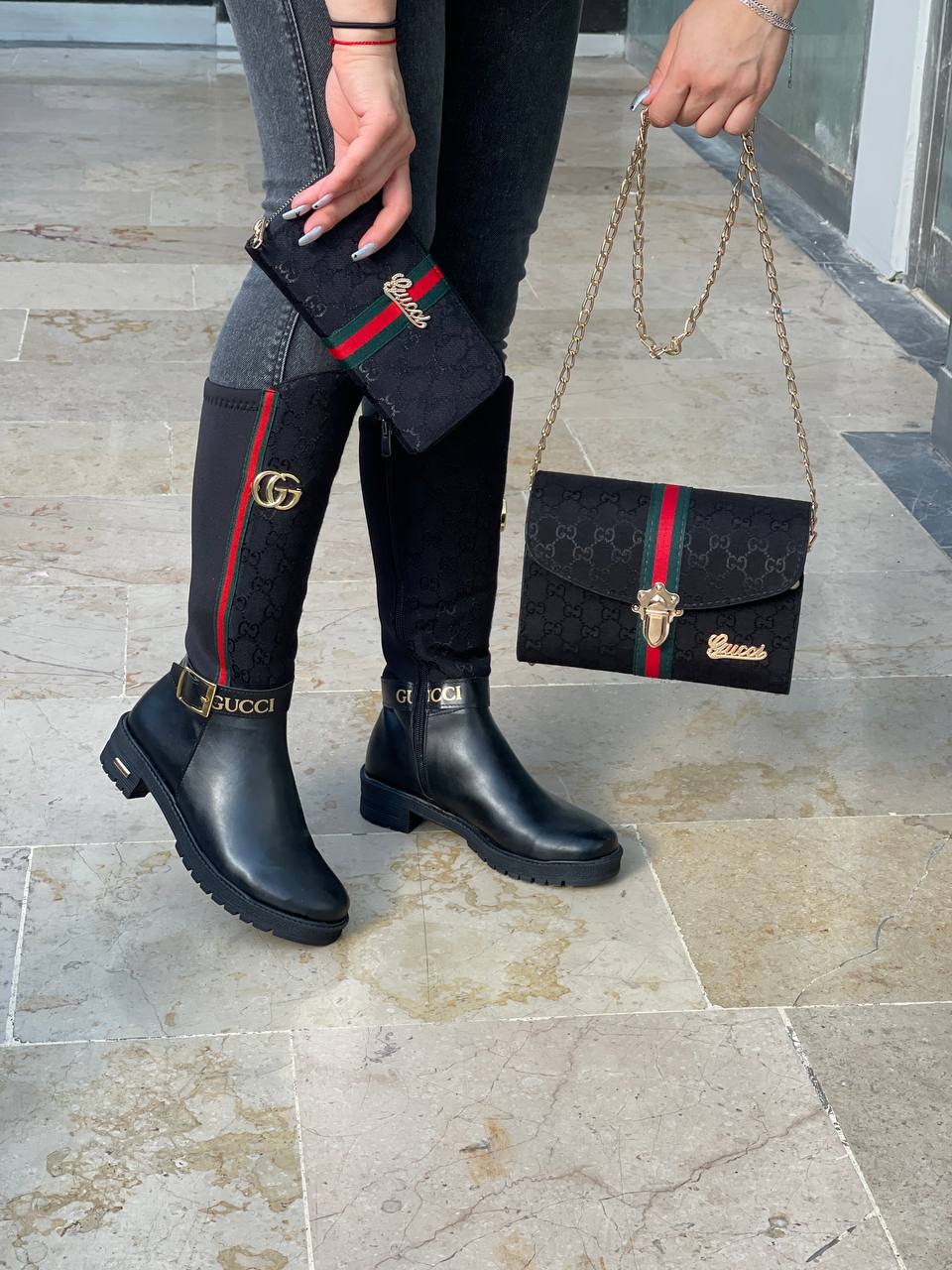 Boot bag set with GG written on the ankle