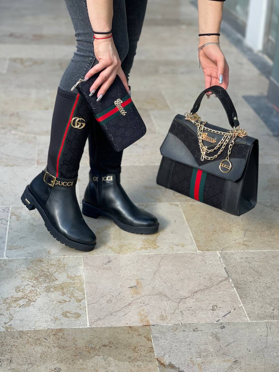 Boot bag set with GG written on the ankle