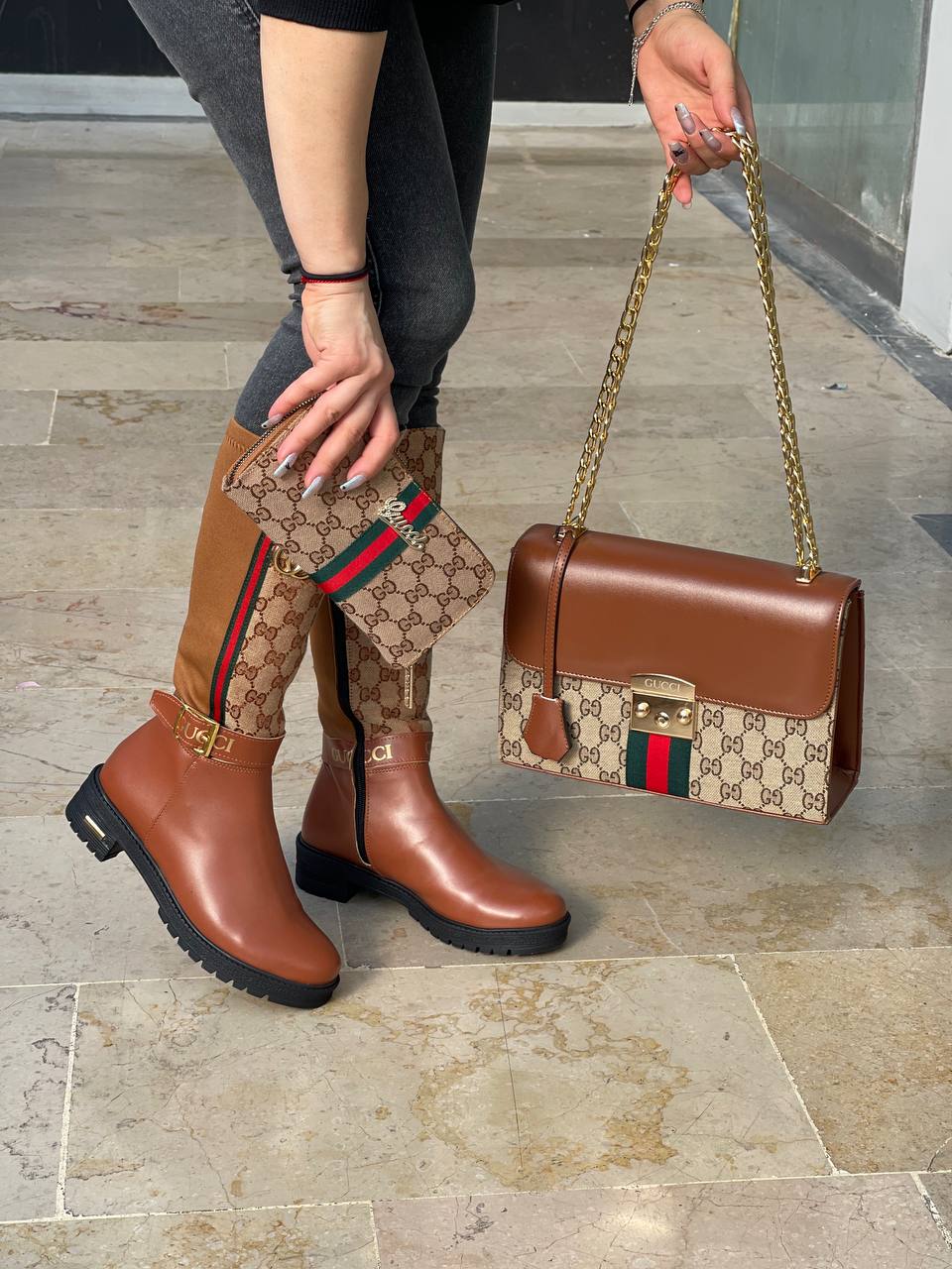 Boot bag set with GG written on the ankle