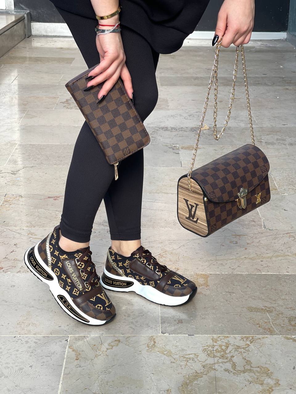 Shoe bag set combination with LV written next to it