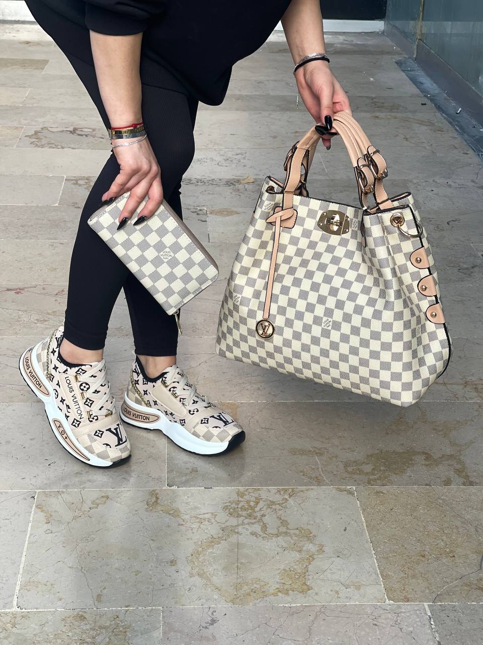 Shoe bag set combination with LV written next to it