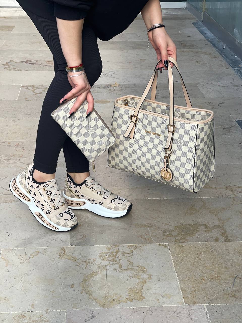 Shoe bag set combination with LV written next to it