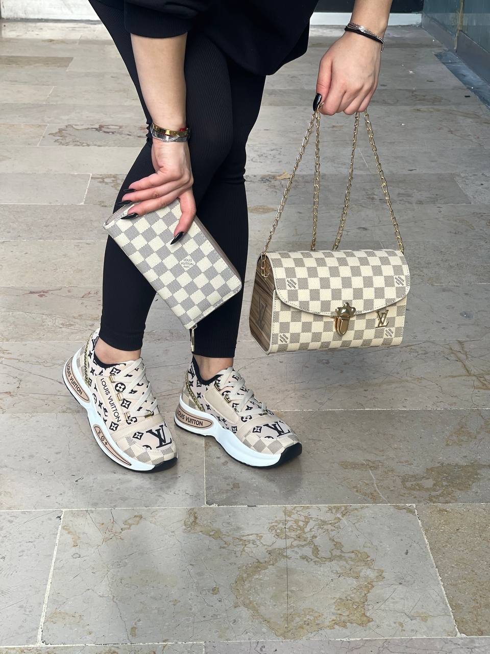 Shoe bag set combination with LV written next to it