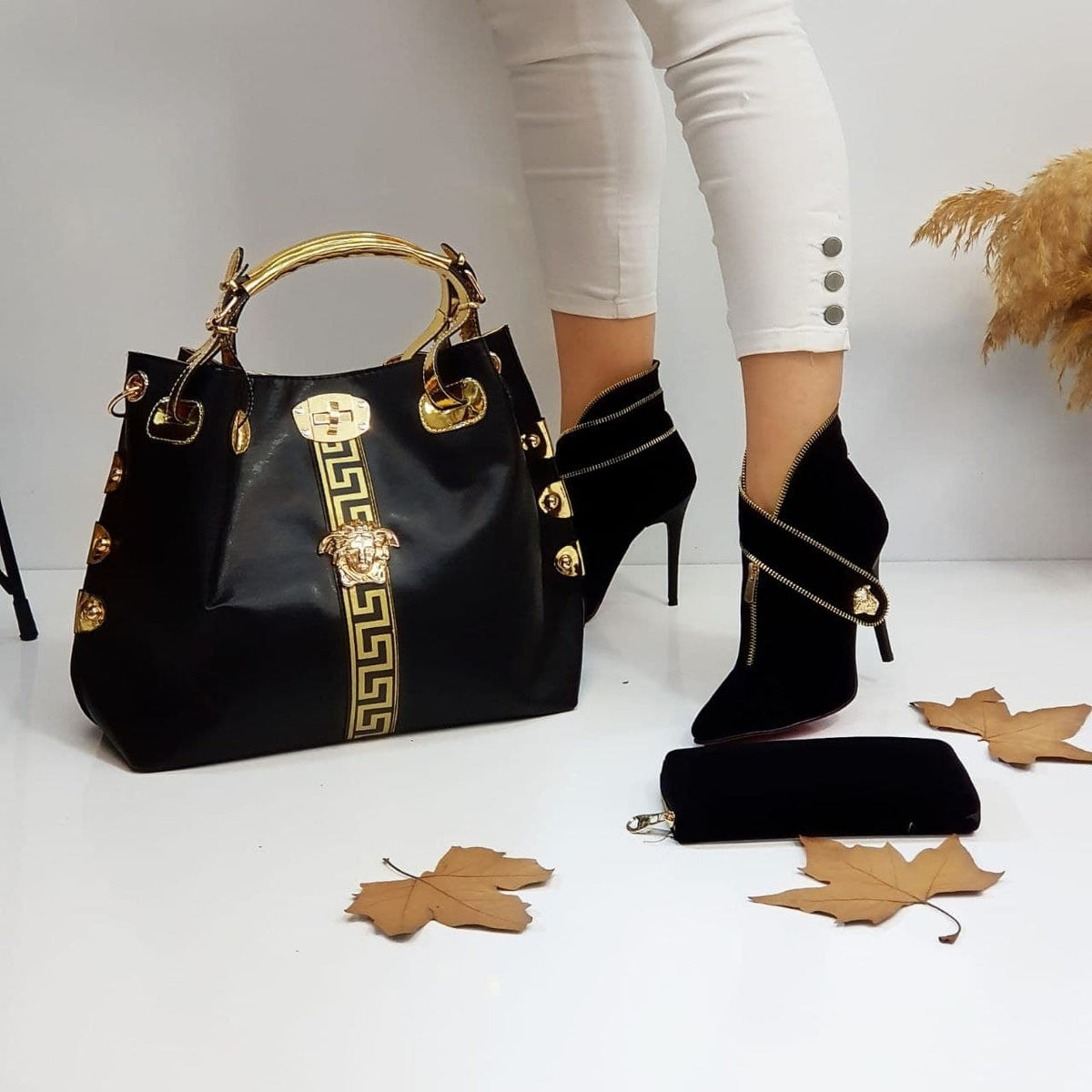 Versaca black pointed heel shoes bag set