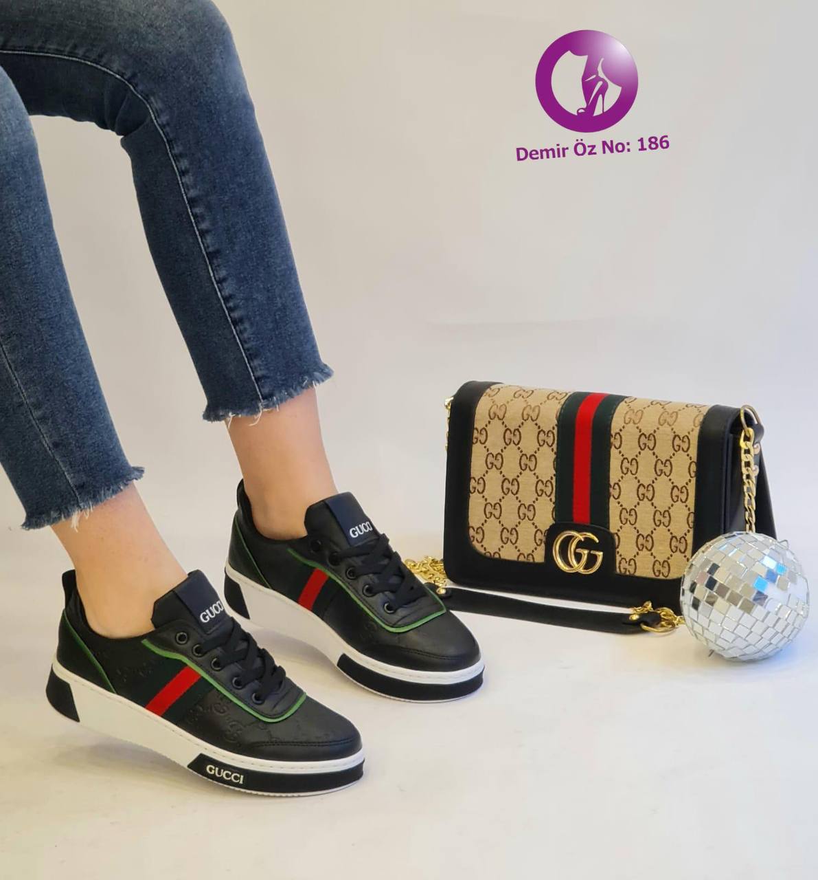 White and black women's sneakers bag set