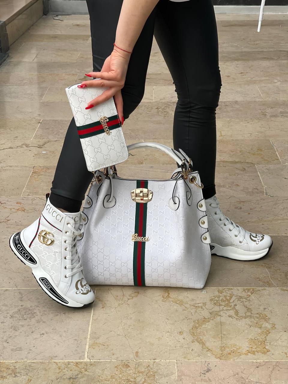 Boot shaped white sneaker bag set