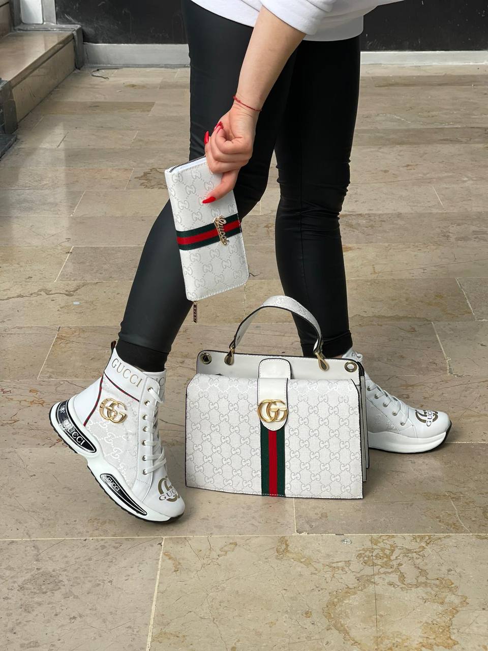 Boot shaped white sneaker bag set